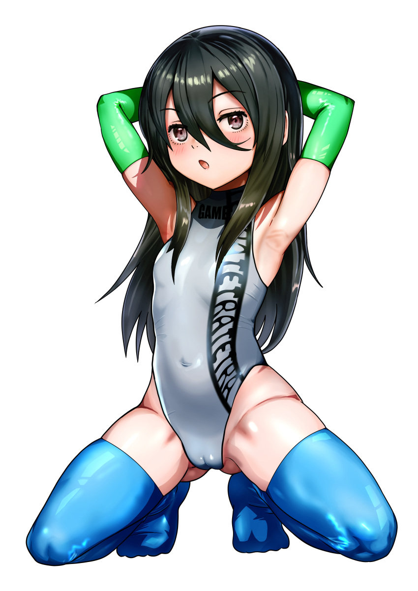 1girl absurdres arms_behind_head black_hair blue_thighhighs breasts cameltoe chestnut_mouth clothes_writing commentary_request covered_navel elbow_gloves exia_(nikke) full_body gloves goddess_of_victory:_nikke green_gloves hair_between_eyes highres kneeling long_hair long_hair_between_eyes looking_at_viewer okusaka_maeue one-piece_swimsuit petite purple_eyes simple_background small_breasts solo swimsuit thighhighs turtleneck white_background white_one-piece_swimsuit