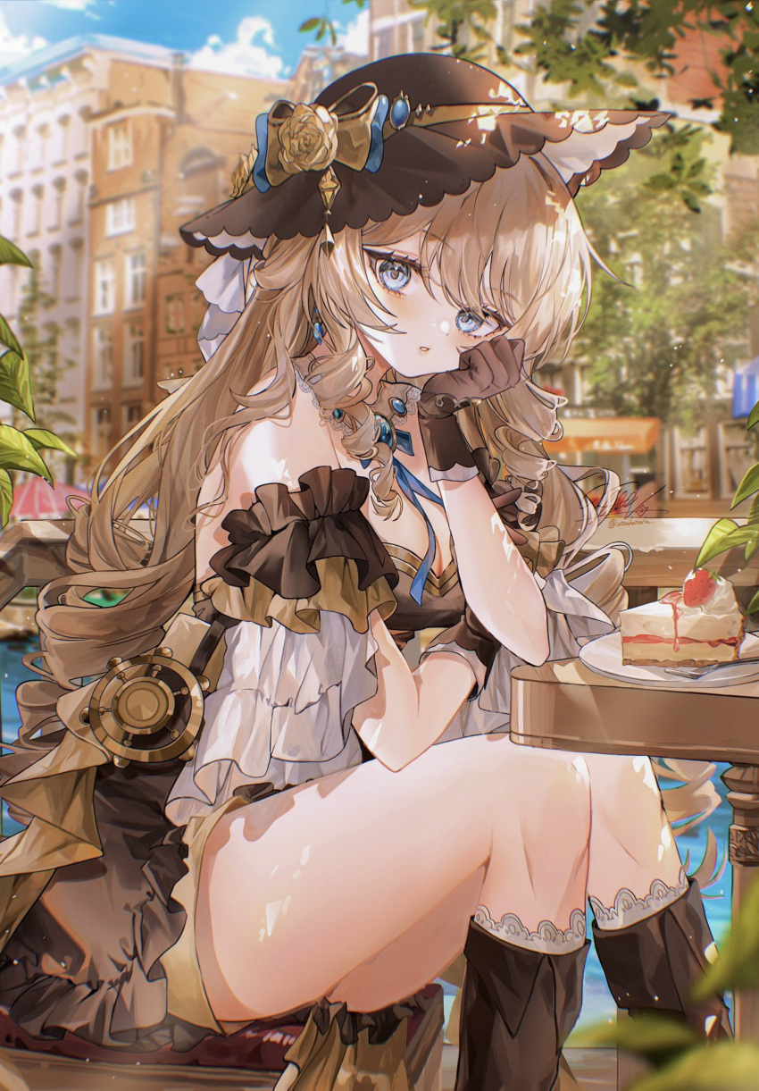 1girl alternate_costume arm_support bare_shoulders black_footwear black_gloves blonde_hair blue_eyes boots breasts cake cleavage detached_sleeves drill_hair food genshin_impact gloves highres knee_boots looking_at_viewer medium_breasts navia_(genshin_impact) outdoors parted_lips short_sleeves sidelocks sitting solo twin_drills utsuhostoria