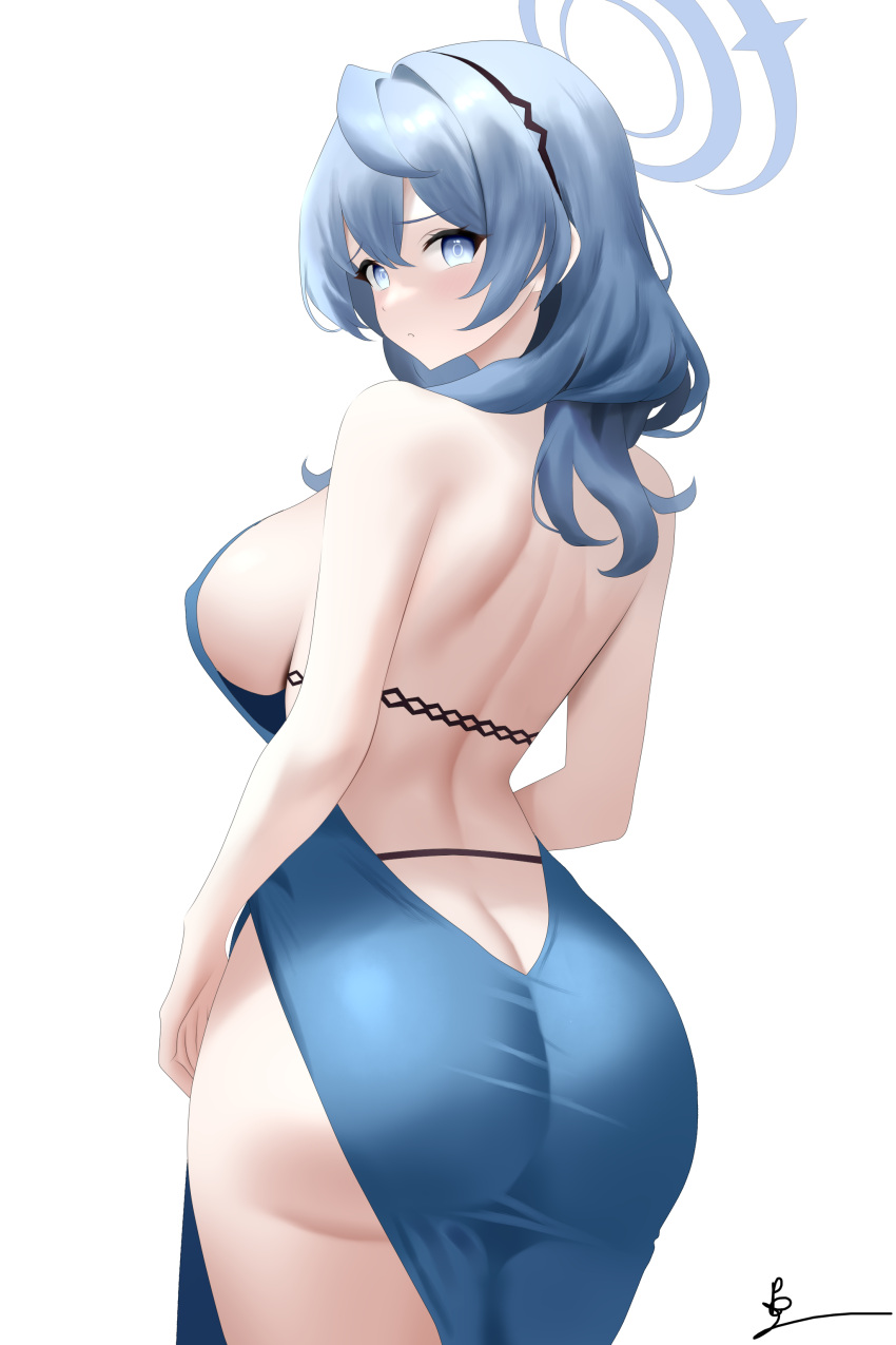 1girl absurdres ako_(blue_archive) ako_(dress)_(blue_archive) ass back backless_dress backless_outfit bare_shoulders blue_archive blue_dress blue_eyes blue_hair blue_halo breasts dress evening_gown from_behind halo highres large_breasts looking_at_viewer official_alternate_costume potgit sideless_dress signature sleeveless sleeveless_dress white_background