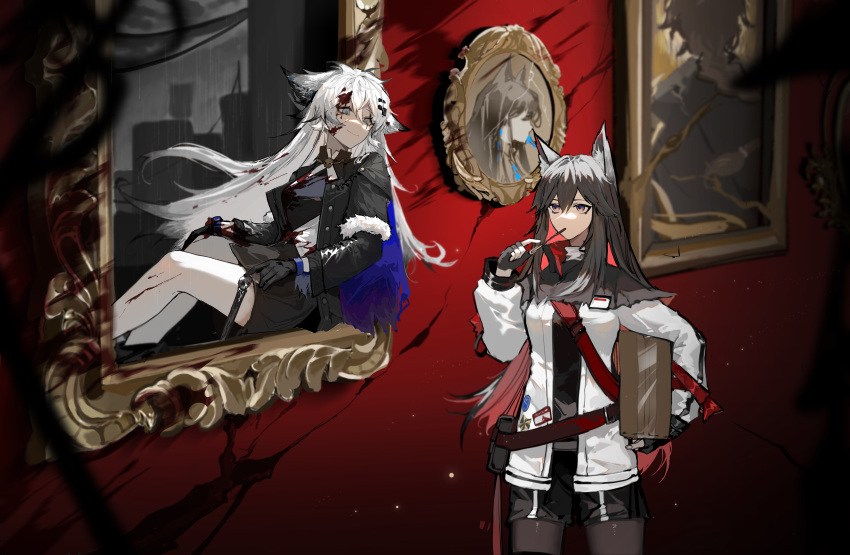 2girls absurdres animal_ear_fluff animal_ears arknights bangs black_capelet black_gloves black_hair black_jacket black_pantyhose black_shirt black_shorts black_skirt blood blood_in_hair blood_on_clothes box capelet cardboard_box carrying carrying_under_arm closed_mouth commentary_request fingerless_gloves food food_in_mouth gcyngzz gloves grey_eyes hair_between_eyes highres jacket lappland_(arknights) legwear_under_shorts mouth_hold multicolored_hair multiple_girls open_clothes open_jacket pantyhose picture_frame pocky purple_eyes red_hair shirt short_shorts shorts skirt smile standing texas_(arknights) two-tone_hair white_hair white_jacket