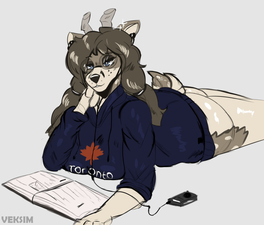 anthro book breasts butt clothed clothing deer digital_media_(artwork) ear_piercing electronics eyewear female fur glasses hair headphones hi_res hoodie horn mammal piercing portable_music_player reading reading_book simple_background solo susie_(veksim) tail topwear veksim