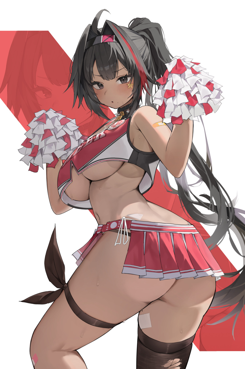 1girl :o absurdres ahoge ass bandaid bandaid_on_arm bandaid_on_knee bandaid_on_leg bandaid_on_thigh bare_shoulders bay_(nikke) black_hair black_thighhighs blush breasts cheerleader collar crop_top crop_top_overhang dark-skinned_female dark_skin from_behind gmuk goddess_of_victory:_nikke grey_eyes hair_between_eyes hair_intakes hands_up highleg highleg_panties highres holding holding_pom_poms large_breasts lock long_hair looking_at_viewer mole mole_on_stomach mole_on_thigh mole_under_mouth multicolored_hair navel padlock padlocked_collar panties pleated_skirt pom_pom_(cheerleading) ponytail red_skirt red_tank_top side-tie_panties skirt solo spiked_collar spikes star_sticker sticker_on_face stomach streaked_hair sweat tank_top thigh_strap thighhighs thighs torn_clothes torn_thighhighs twisted_torso two-tone_skirt underboob underwear very_long_hair white_panties