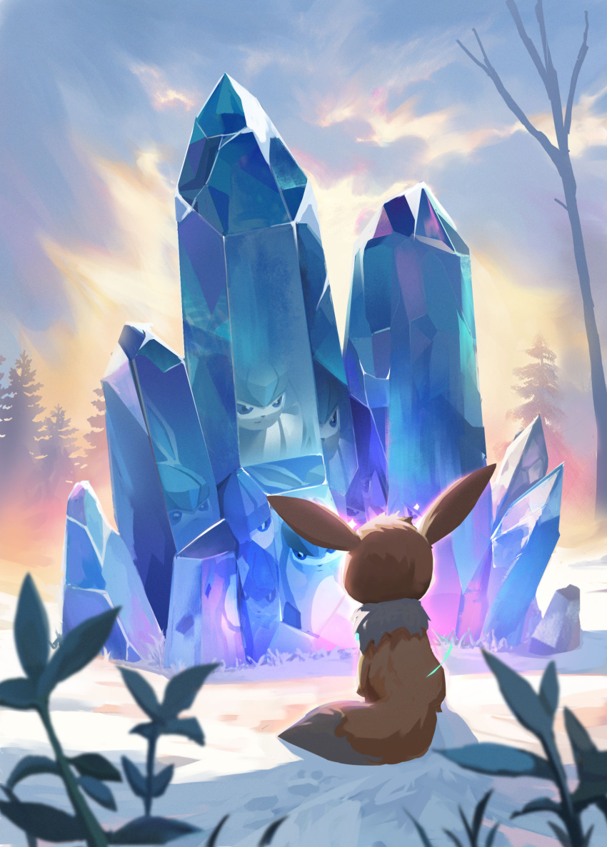 absurdres bare_tree blurry blurry_foreground cloud commentary crystal day different_reflection eevee glaceon highres no_humans outdoors pokemon pokemon_(creature) reflection renl0l sitting sky snow tree