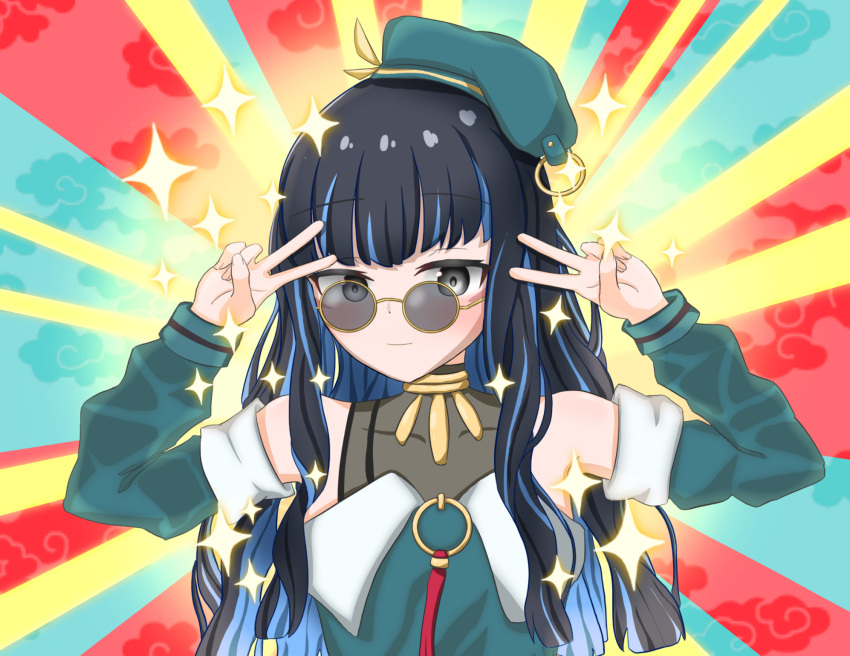 1girl bare_shoulders beret black_hair blue_hair colored_inner_hair emotional_engine_-_full_drive fate/grand_order fate_(series) hat highres jacket jewelry long_hair looking_at_viewer looking_over_eyewear multicolored_hair neck_ring sei_shounagon_(fate) smile solo sunglasses tenochtitlan_(fate) tenochtitlan_(second_ascension)_(fate) tinted_eyewear v