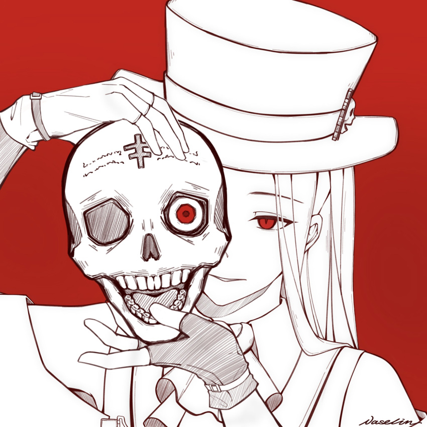 1other androgynous ascot asymmetrical_gloves asymmetrical_sleeves bare_shoulders black_gloves fingerless_gloves gloves guilty_gear guilty_gear_strive hat hat_ornament highres long_hair looking_at_viewer other_focus red_background red_eyes red_theme skull skull_hat_ornament smile testament_(guilty_gear) top_hat upper_body vaselinwithout white_ascot