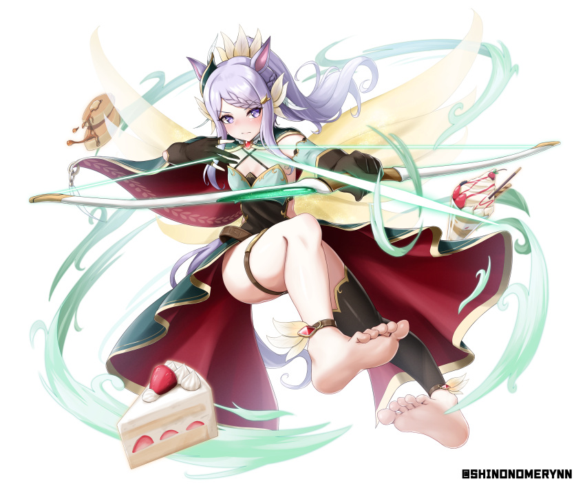 1girl absurdres alternate_costume alternate_hairstyle animal_ears anklet arrow_(projectile) bare_shoulders barefoot black_gloves blush bow bow_(weapon) breasts cake cape closed_mouth commentary_request criss-cross_halter ear_ornament feet food fruit gloves green_shirt hair_ornament halterneck highres holding holding_bow_(weapon) holding_weapon horse_ears horse_girl horse_tail jewelry mejiro_mcqueen_(racehorse) ponytail shinonome_(shinonome_rynn) shirt simple_background small_breasts soles solo strawberry tail thigh_strap toes umamusume weapon white_background