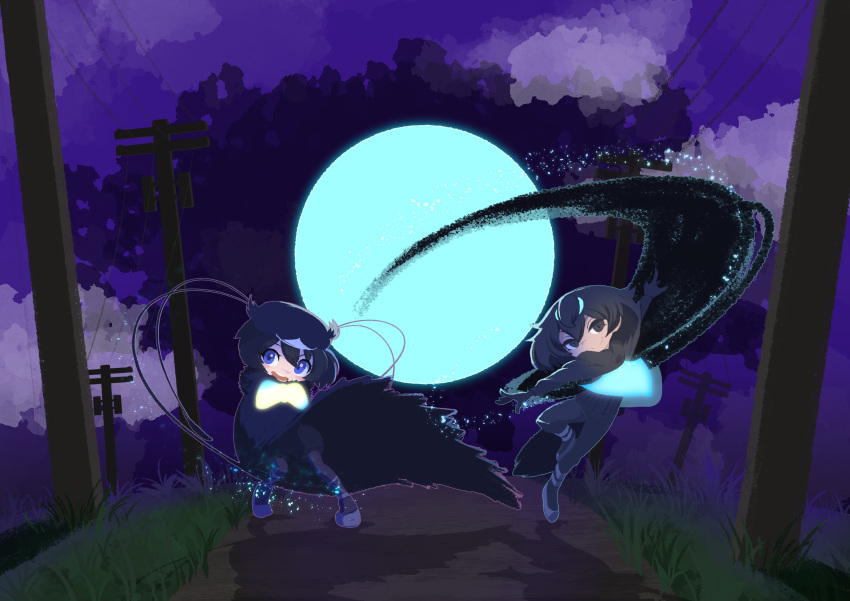 2girls absurdres antennae ballet_slippers bird_girl bird_tail bird_wings black_cape black_eyes black_hair black_sweater blue_eyes blush bow bowtie cape dancing gloves gradient_bow hair_between_eyes hat head_wings highres kemono_friends kemono_friends_2 ki94959437 looking_at_viewer multicolored_bowtie multiple_girls night night_sky open_mouth pantyhose puffy_shorts short_hair shorts sky smile superb_bird-of-paradise_(kemono_friends) sweater tail utility_pole western_parotia_(kemono_friends) wings