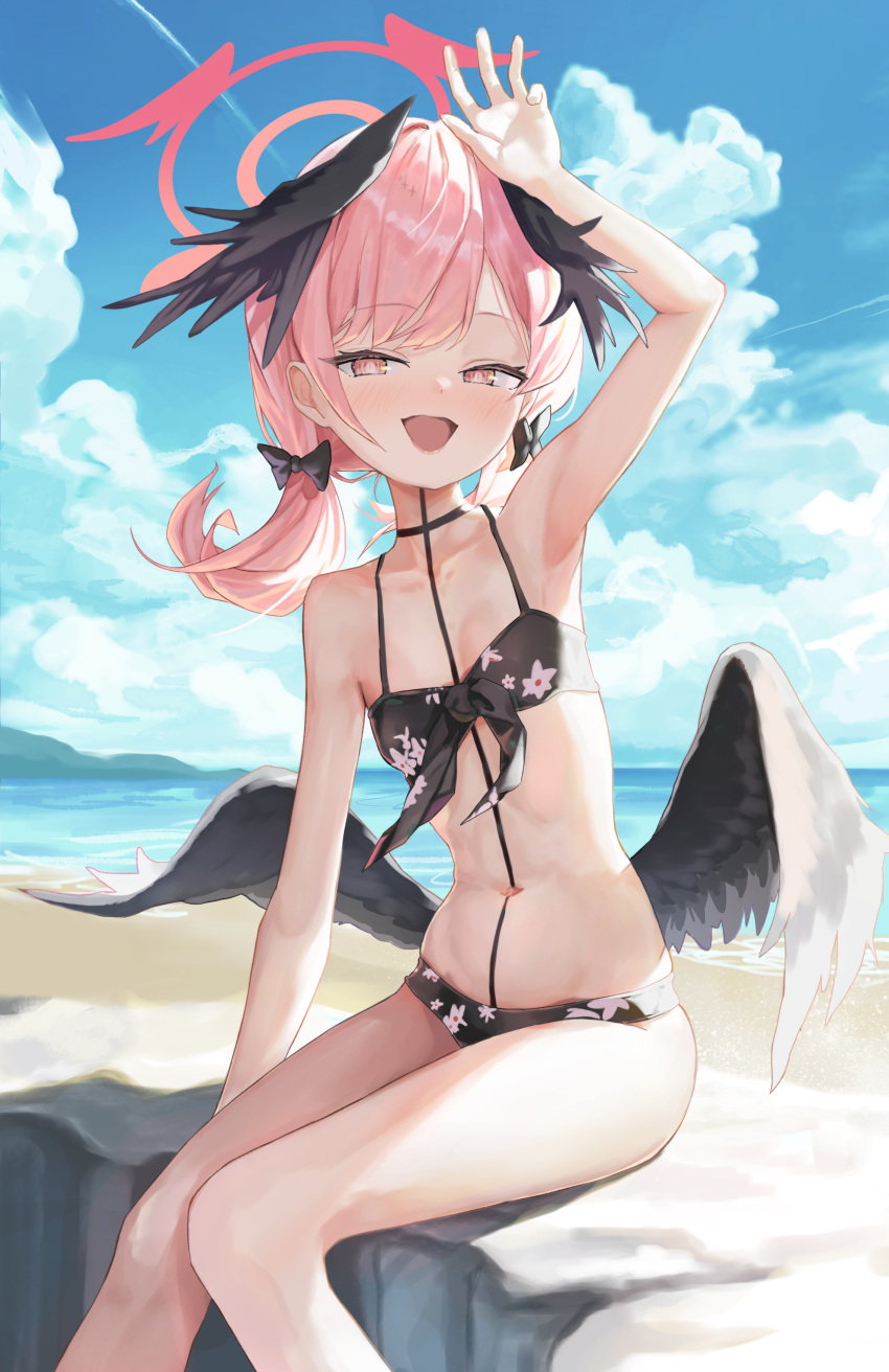 1girl absurdres ahoge arm_up bare_arms bare_shoulders bikini birthmark black_bikini black_bow blue_archive blue_sky bow cloud cloudy_sky commentary_request day feathered_wings flat_chest gisi_(gicgic_draw) hair_bow halo head_wings highres koharu_(blue_archive) koharu_(swimsuit)_(blue_archive) looking_at_viewer low_twintails low_wings mountainous_horizon navel ocean official_alternate_costume official_alternate_hairstyle open_mouth outdoors parted_bangs pink_eyes pink_hair pink_halo sitting sitting_on_object sky smile solo swimsuit twintails winged_halo wings