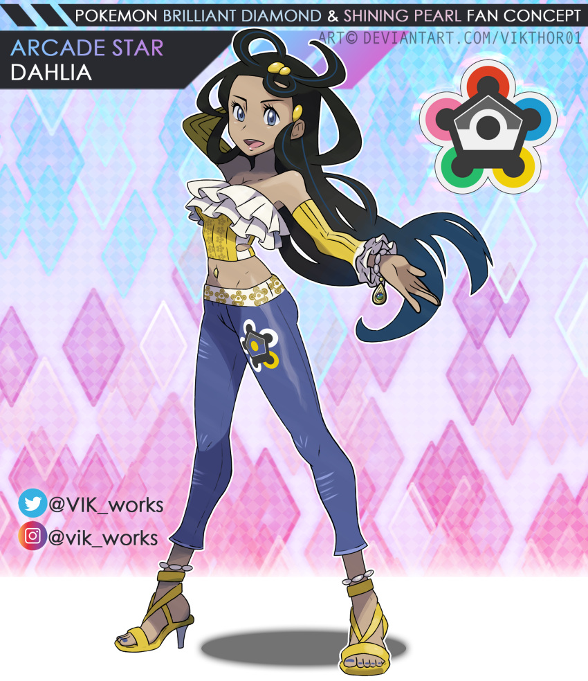 1girl absurdres artist_name bare_shoulders battle_frontier_symbol belt black_hair blue_eyes blue_hair blue_pants bracelet crop_top dahlia_(pokemon) dark-skinned_female dark_skin denim detached_sleeves english_text frilled_shirt frilled_sleeves frills frontier_brain full_body hair_ornament high_heels highres jeans jewelry midriff multicolored_hair nail_polish navel navel_piercing no_socks open_mouth pants piercing pokemon pokemon_bdsp print_shirt redesign shirt toeless_footwear toenail_polish toenails twitter_username two-tone_hair vikthor01 white_belt yellow_footwear