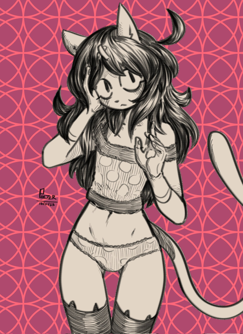 2023 5_fingers :&lt; ahoge anthro artist_name bangs clothing crop_top domestic_cat felid feline felis female fergie_(polterousr) fingers flat_chested hair hand_on_own_face hatching_(art) hi_res legwear lingerie long_hair mammal midriff monochrome navel panties pattern_background pattern_clothing polterousr portrait pupils red_background shaded shirt simple_background slit_pupils solo spots tail thigh_highs three-quarter_portrait topwear underwear