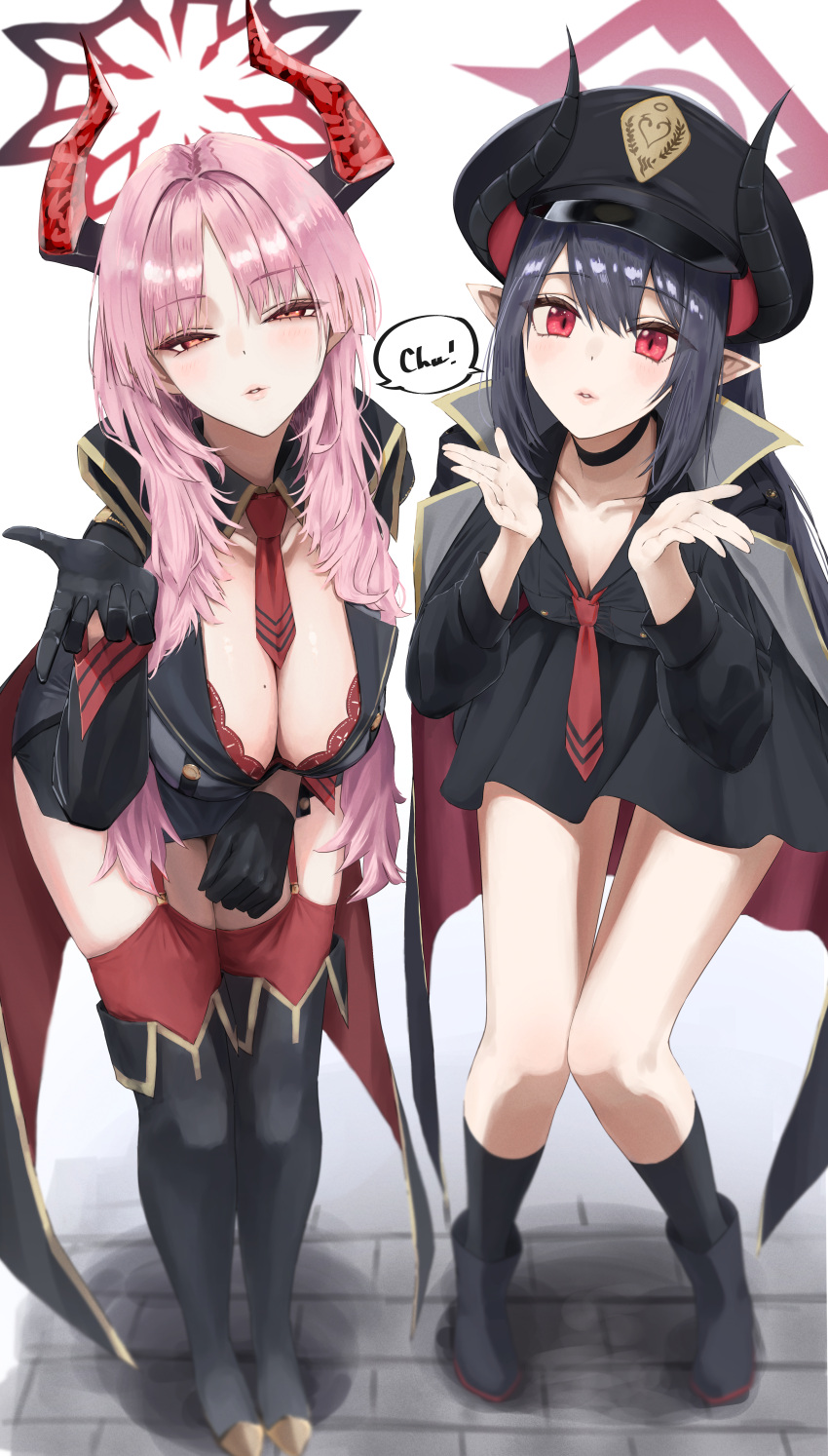 2girls :o absurdres amori_(jzpp8558) between_breasts black_choker black_footwear black_gloves black_hair blowing_kiss blue_archive blush boots breasts chiaki_(blue_archive) choker cleavage demon_horns full_body gloves half-closed_eyes halo hat highres horns large_breasts looking_at_viewer military_uniform mole mole_on_breast multiple_girls necktie necktie_between_breasts peaked_cap pink_hair pointy_ears red_necktie red_thighhighs satsuki_(blue_archive) thigh_boots thighhighs uniform