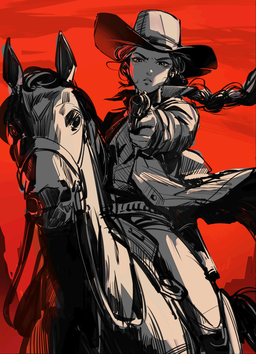 1girl absurdres aiming aiming_at_viewer bypos cowboy cowboy_hat cowboy_western cowgirl_(western) finger_on_trigger gun hat highres holding holding_gun holding_weapon horse horseback_riding long_hair looking_at_viewer red_background red_dead_redemption_2 revolver riding saddle solo weapon