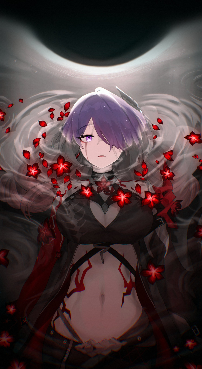 1girl absurdres acheron_(honkai:_star_rail) black_choker black_gloves black_hole blood blood_from_eyes body_markings bonefire0909 breasts chain choker cleavage detached_sleeves flower gloves hair_over_one_eye highres honkai:_star_rail honkai_(series) long_hair midriff navel partially_submerged purple_eyes purple_hair red_flower single_bare_shoulder solo stomach water