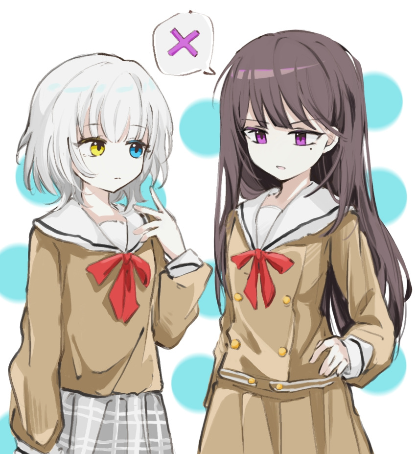 2girls bang_dream! bang_dream!_it's_mygo!!!!! blue_eyes brown_hair brown_shirt brown_skirt chinese_commentary closed_mouth commentary_request grey_skirt hand_on_own_hip hand_up heterochromia highres jiekuijiangshadaonijiamenkou kaname_raana long_hair long_sleeves mole mole_under_eye multiple_girls neck_ribbon no_nose open_mouth pale_skin plaid plaid_skirt pleated_skirt purple_eyes red_ribbon ribbon sailor_collar sailor_shirt school_uniform shiina_taki shirt short_hair skirt white_hair white_sailor_collar yellow_eyes