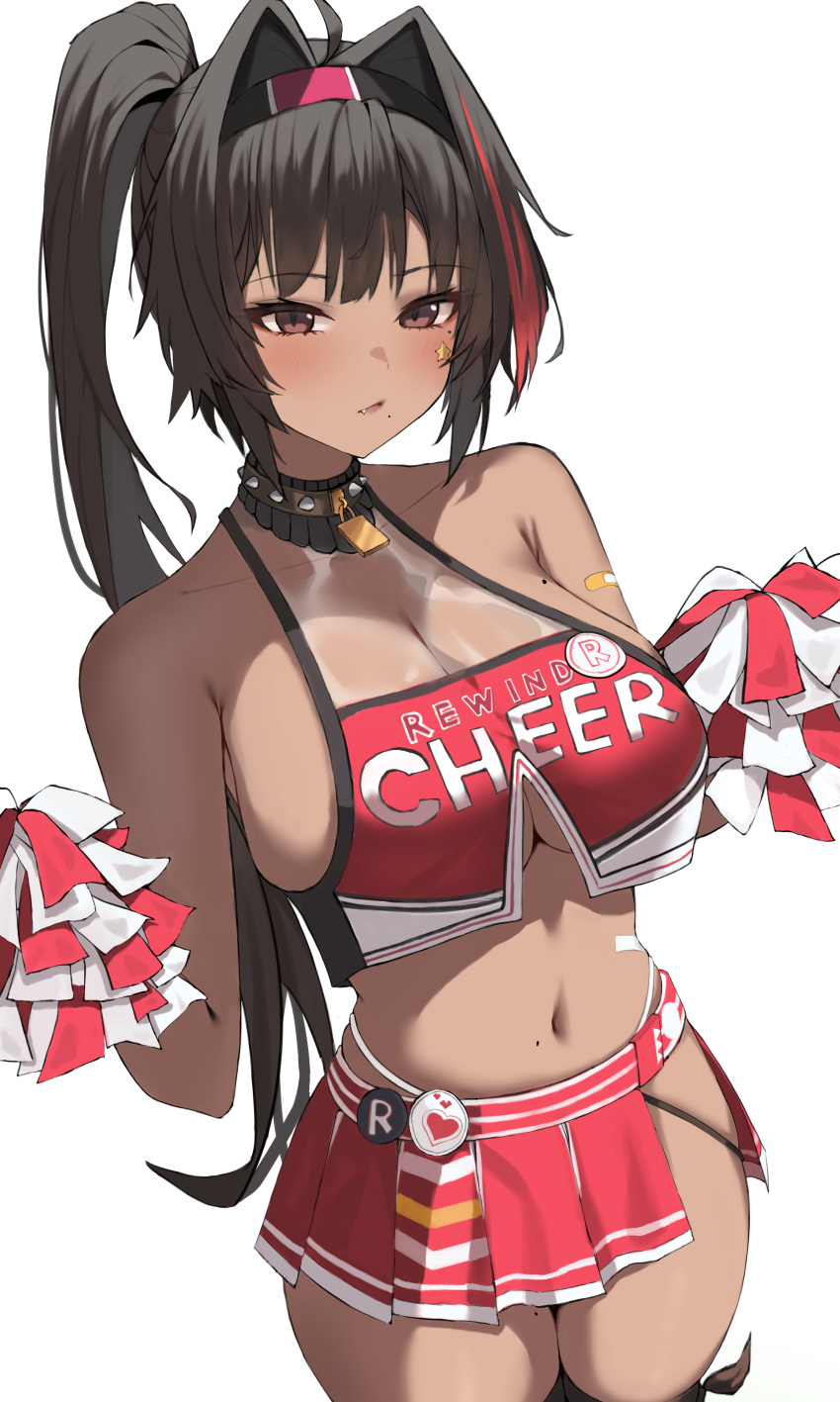 1girl absurdres ahoge bandaid bare_arms bare_shoulders bay_(nikke) black_choker black_hair black_thighhighs breasts cheerleader choker cleavage closed_mouth cowboy_shot crop_top crop_top_overhang dark-skinned_female dark_skin fang goddess_of_victory:_nikke hair_intakes hairband highres holding holding_pom_poms large_breasts long_hair looking_at_viewer midriff miniskirt mole mole_on_breast mole_on_stomach mole_on_thigh mole_under_eye mole_under_mouth murding navel panty_straps pleated_skirt pom_pom_(cheerleading) ponytail red_eyes red_shirt red_skirt see-through see-through_cleavage shirt side_slit skindentation skirt sleeveless sleeveless_shirt solo spaghetti_strap spiked_choker spikes standing stomach thighhighs thighs underboob very_long_hair