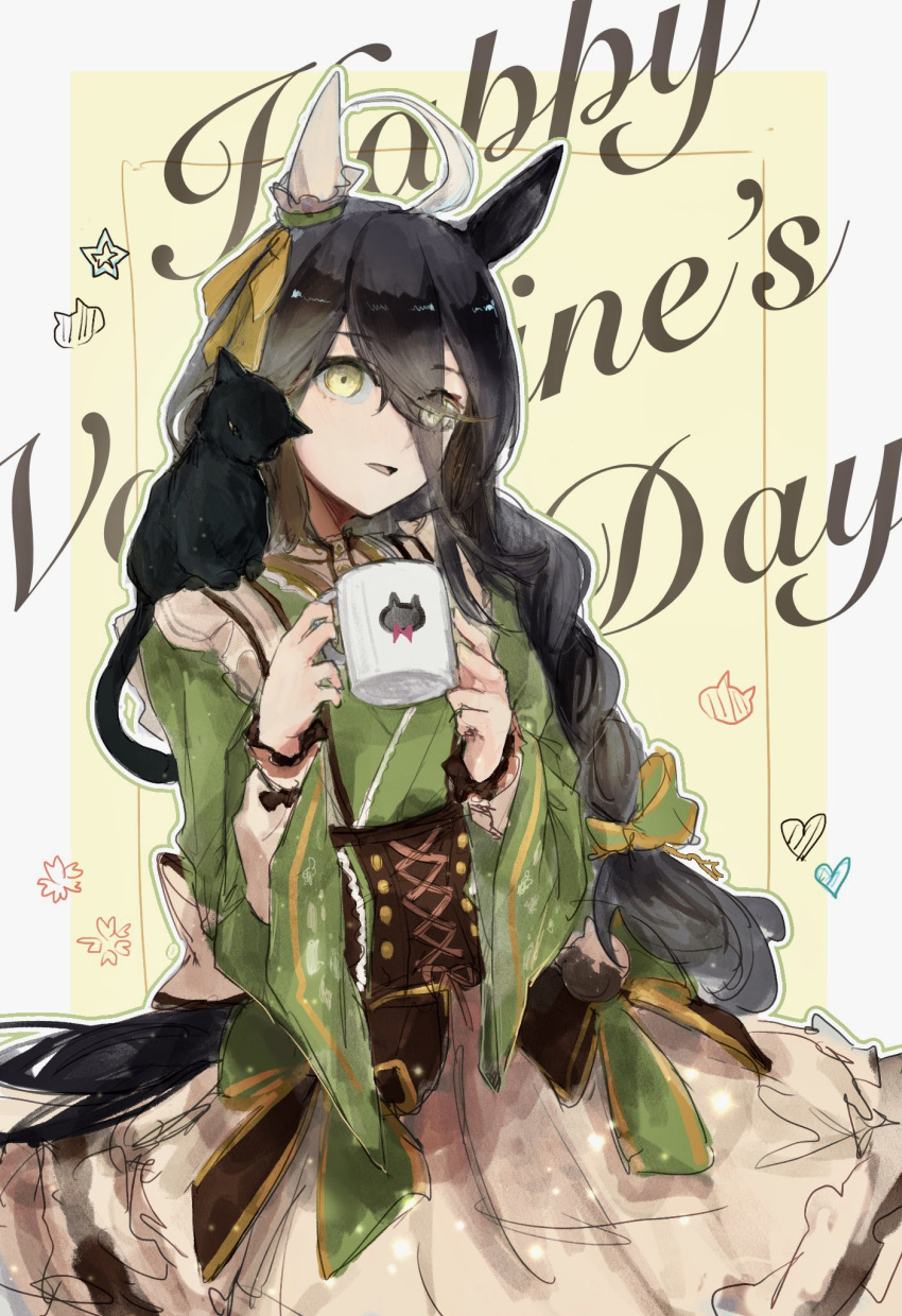 1girl animal_ears animal_on_shoulder apron az_(azkin_g) black_hair braid braided_ponytail cat cat_on_shoulder commentary cup green_kimono hair_between_eyes happy_valentine highres holding holding_cup horse_ears horse_girl horse_tail japanese_clothes kimono long_hair long_sleeves looking_at_viewer manhattan_cafe_(umamusume) manhattan_cafe_(verdant_night)_(umamusume) multicolored_hair open_mouth shirt single_braid solo streaked_hair symbol-only_commentary tail umamusume upper_body waist_apron white_shirt wide_sleeves yellow_eyes