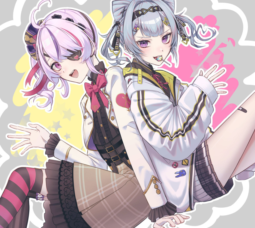 2girls ahoge back-to-back bandaid bandaid_on_leg candy eyepatch food frilled_sleeves frills grey_hair heart heart_ahoge highres huge_ahoge jacket lollipop long_hair looking_at_viewer manasuke_(_ninoninini) maria_marionette multiple_girls nijisanji nijisanji_en pink_eyes pink_hair pleated_skirt ponytail purple_eyes short_twintails side_ponytail sitting skirt sleeves_past_wrists striped_clothes striped_thighhighs thighhighs twintails virtual_youtuber white_jacket zaion_lanza