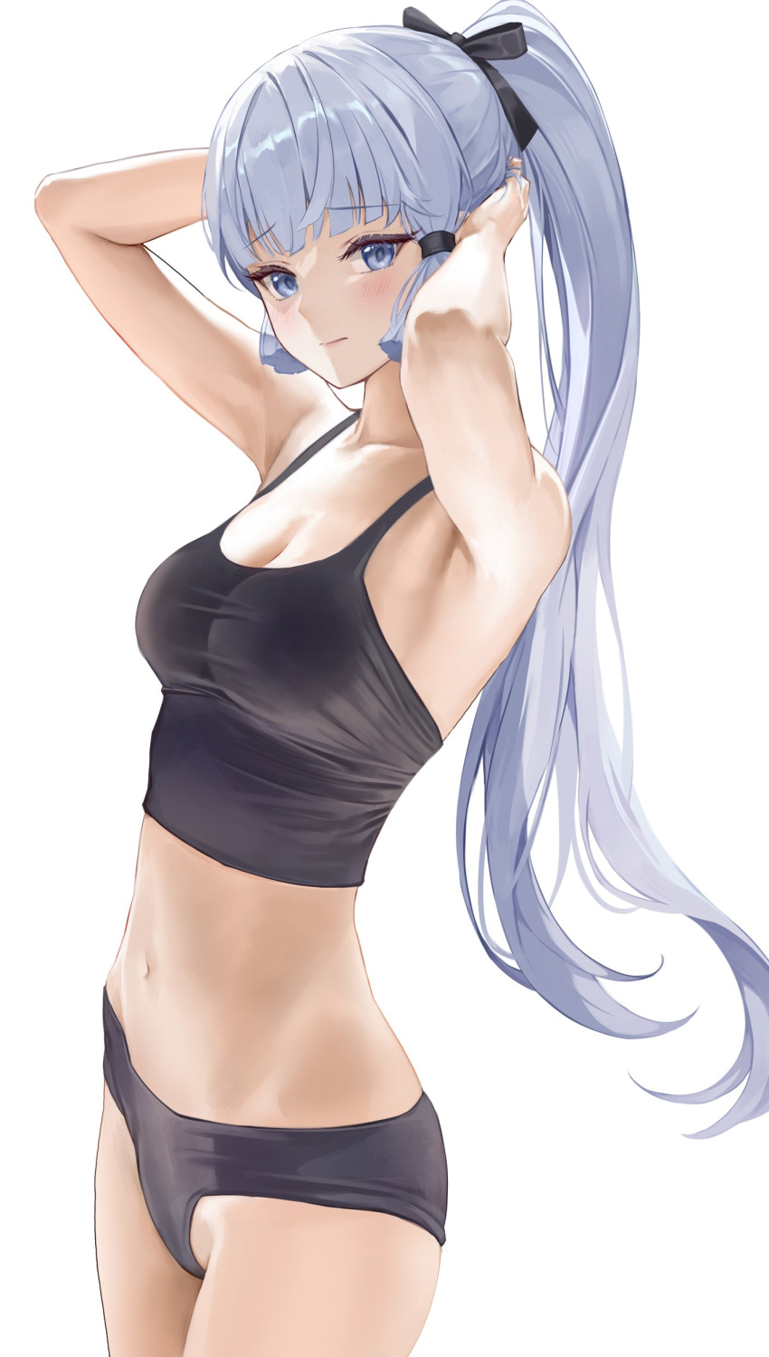 1girl absurdres alternate_costume armpits arms_behind_head bare_arms bare_shoulders black_bow black_camisole black_panties blue_eyes blue_hair blush bow breasts camisole cleavage closed_mouth cowboy_shot genshin_impact hair_bow high_ponytail highres kamisato_ayaka light_blue_hair looking_at_viewer lunacle medium_breasts midriff navel panties ponytail sidelocks simple_background solo stomach underwear white_background