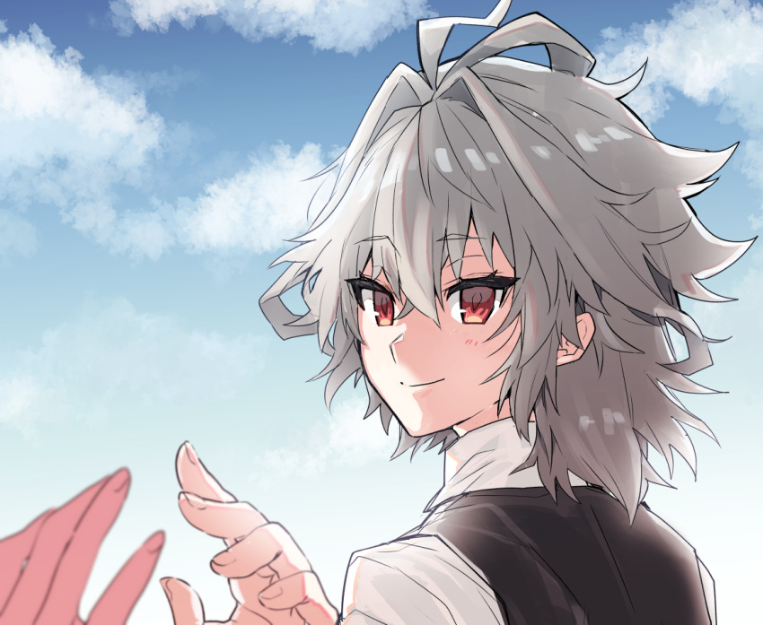 1boy 1other ahoge black_vest cloud cloudy_sky eyelashes fate/apocrypha fate_(series) feet_out_of_frame grey_hair hair_between_eyes hand_up haoro light_blush light_smile male_focus medium_hair reaching red_eyes shirt sieg_(fate) sky smile vest white_shirt