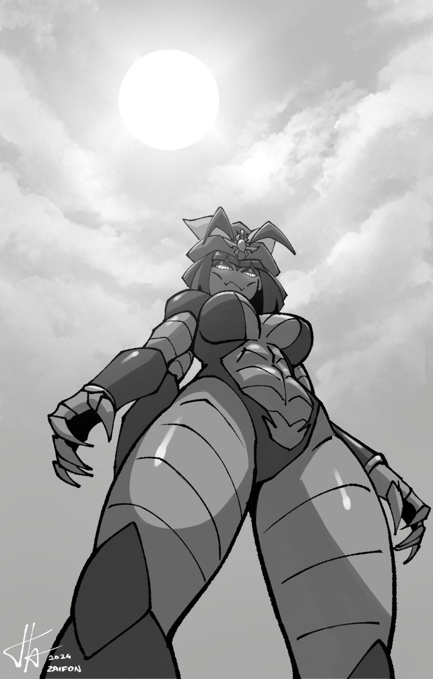 2024 5_fingers abs anthro arthropod bangs beetle breasts clothed clothing cloud decorative_scarab digital_media_(artwork) female fingers front_view glistening glistening_body glistening_eyelids glistening_thighs glowing glowing_eyes greyscale headdress hi_res inner_boob insect khepera_(mechapen) looking_down_at_another low-angle_view monochrome mouth_closed multi_arm multi_limb muscular muscular_anthro muscular_female narrowed_eyes natural_armor non-mammal_breasts portrait ringed_eyes scarabaeid skimpy sky solo sun thick_thighs three-quarter_portrait za1f0n
