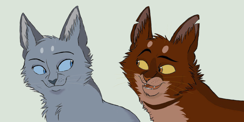 2010 ambiguous_gender blue_body blue_eyes blue_fur bluestar_(warriors) brown_body brown_fur canon_couple cel_shading digital_drawing_(artwork) digital_media_(artwork) domestic_cat duo eye_contact eyebrows felid feline felis female_(lore) feral fur graystripe64 green_background hi_res inner_ear_fluff looking_at_another male_(lore) mammal markings oakheart_(warriors) open_mouth raised_eyebrow shaded simple_background smile teeth tuft warriors_(book_series) yellow_eyes