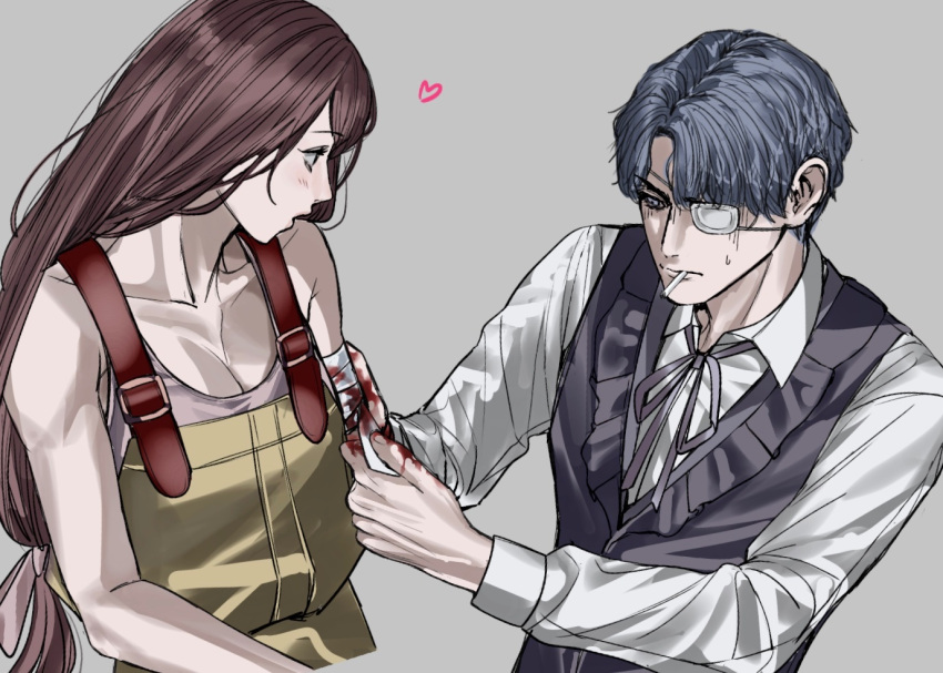 1boy 1girl abella_(fear_&amp;_hunger) amikoiiko amputee applying_bandages bandaged_arm bandages black_vest blood blue_hair blush brown_tank_top cigarette daan_(fear_&amp;_hunger) dark_blue_hair eyepatch fear_&amp;_hunger fear_&amp;_hunger_2:_termina heart long_hair long_sleeves low-tied_long_hair medical_eyepatch red_hair ribbon shirt tank_top vest white_shirt yellow_overalls