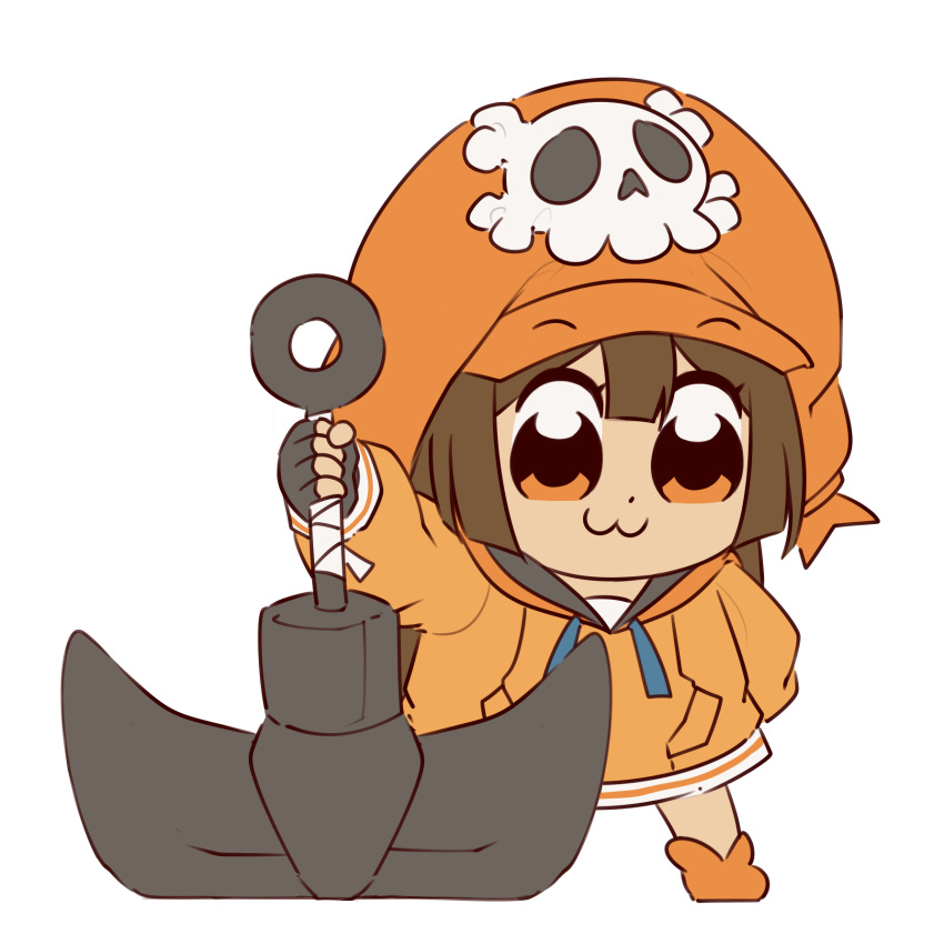 1girl :3 anchor bkub_(style) black_gloves brown_hair cabbie_hat fingerless_gloves gloves guilty_gear guilty_gear_strive hat hat_ornament highres holding holding_anchor hood hoodie koorogi_satomi long_hair long_sleeves looking_at_viewer may_(guilty_gear) mil17459623 orange_eyes orange_footwear orange_hat orange_hoodie skull_and_crossbones skull_hat_ornament smile