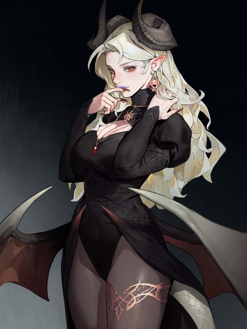 1girl absurdres black_background black_leotard black_pantyhose blonde_hair breasts center_opening cleavage closed_mouth commentary cowboy_shot demon_girl demon_horns dongho_kang earrings facing_to_the_side finger_to_mouth hand_on_own_shoulder highres horns jewelry large_breasts leotard long_hair long_sleeves looking_at_viewer low_wings necklace orange_eyes original pantyhose pointy_ears puffy_long_sleeves puffy_sleeves purple_lips red_nails skull_earrings solo tail thigh_strap wings