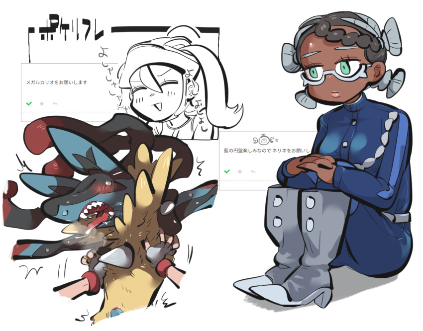 2023 anthro barely_visible_genitalia barely_visible_penis blue_clothing blue_ears blue_penis blush bodily_fluids breath chest_spike clothing fingerless_gloves footwear fur generation_4_pokemon genitals gloves hair handwear human human_on_anthro interspecies japanese_text lips lucario male mammal nintendo penis pink_lips pokemon pokemon_(species) red_tongue spikes spikes_(anatomy) sweat teeth text tirarizun tongue translation_request yellow_body yellow_fur