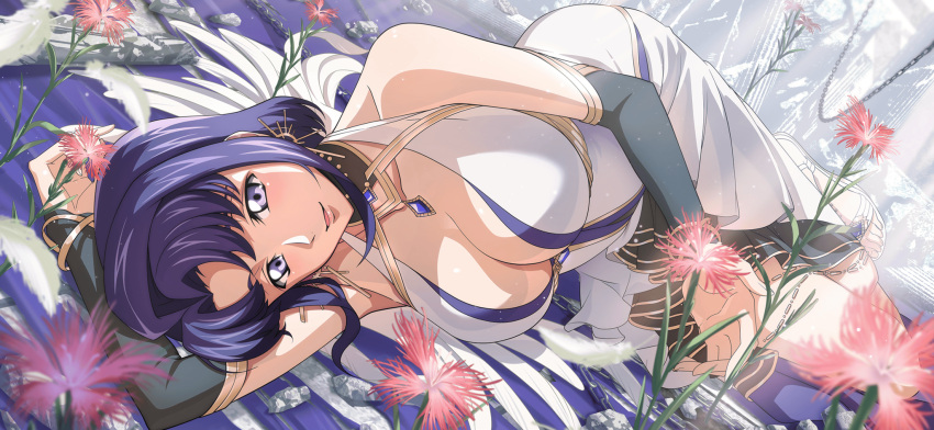 1girl arm_up artist_request bangle bare_shoulders black_sleeves blue_eyes blue_gemstone blue_hair blush bracelet breasts brooch cecile_croomy chain cleavage code_geass code_geass:_lost_stories collarbone detached_sleeves dress dutch_angle earrings flower full_body game_cg gem gold_trim happy highres jewelry large_breasts light_blush light_particles light_rays long_dress looking_at_viewer lying non-web_source official_art on_ground on_side open_mouth pillar red_flower ruins sandals short_hair sidelocks sleeveless sleeveless_dress smile solo white_dress white_footwear