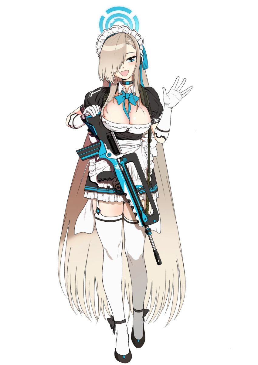 1girl assault_rifle asuna_(blue_archive) blonde_hair blue_archive blue_eyes breasts bullpup elbow_gloves famas gloves gun hair_over_one_eye halo high_heels highres large_breasts long_hair maid mushroom_(osh320) open_mouth rifle thighhighs very_long_hair waving weapon white_gloves white_thighhighs