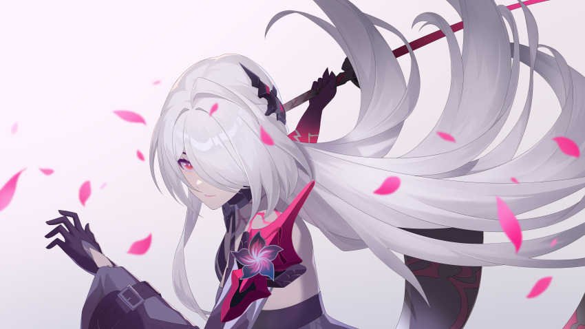 absurdres acheron_(honkai:_star_rail) arm_belt armor belt black_choker buckle choker falling_petals gloves hair_ornament hair_over_one_eye highres holding holding_sword holding_weapon honkai:_star_rail honkai_(series) incoming_attack katana long_hair long_sleeves looking_at_viewer ozzat petals red_eyes red_lips shoulder_armor sword upper_body very_long_hair weapon white_background white_hair