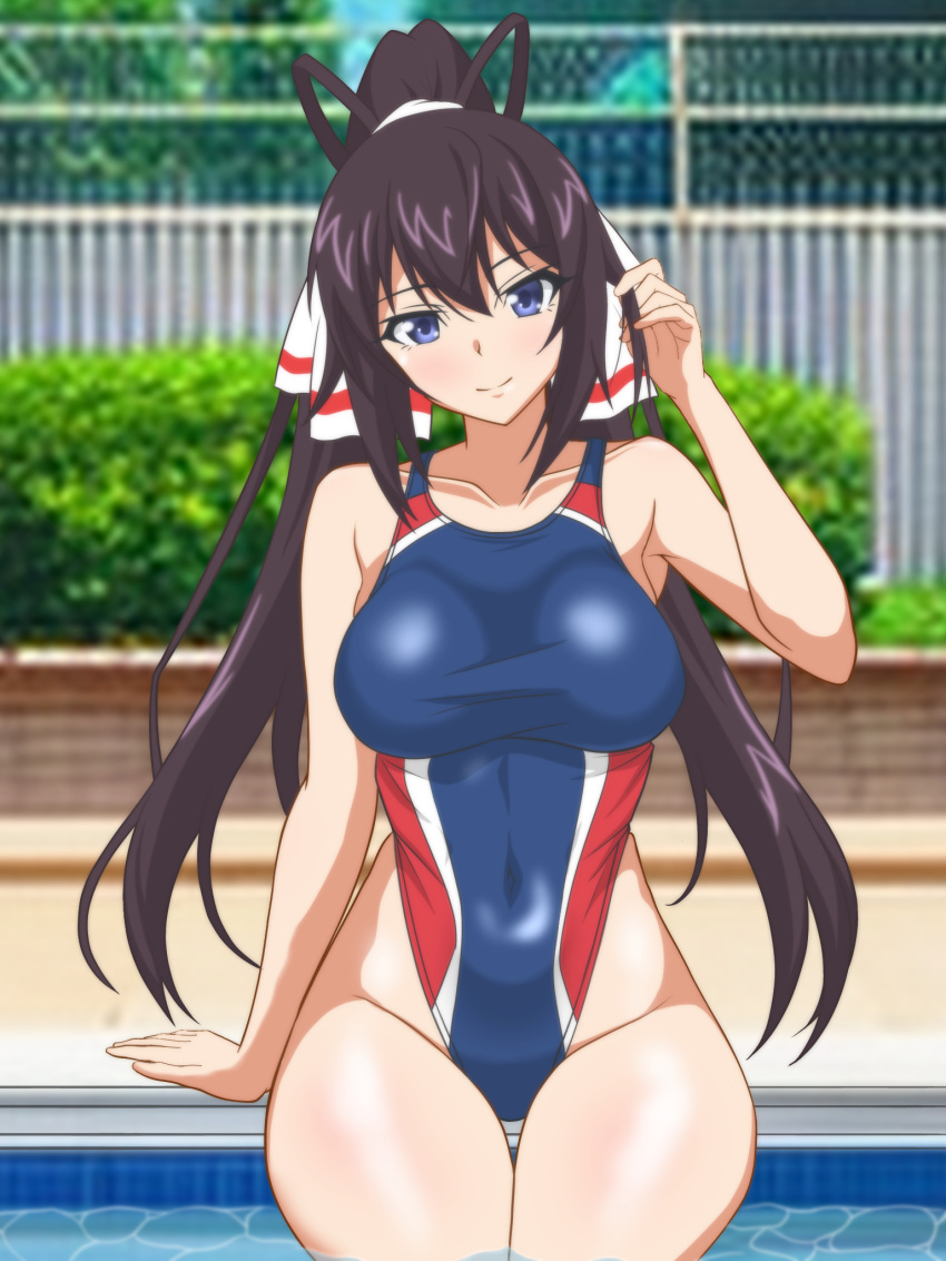 1girl black_hair blue_eyes blue_one-piece_swimsuit breasts competition_swimsuit covered_navel cowboy_shot hata_(pixiv10403940) high_ponytail highleg highleg_swimsuit highres infinite_stratos large_breasts long_hair multicolored_clothes multicolored_swimsuit one-piece_swimsuit ponytail poolside shinonono_houki sitting soaking_feet solo split_ponytail swimsuit thigh_gap