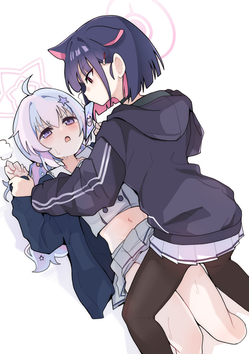 2girls absurdres ahoge animal_ears black_hair black_jacket blue_archive blue_hair cat_ears cat_girl extra_ears girl_on_top grey_skirt hair_ornament hairclip halo highres hood hooded_jacket jacket kazusa_(blue_archive) midriff mouth_hold multicolored_hair multiple_girls navel pearlgang_e pink_hair pink_halo purple_eyes reisa_(blue_archive) school_uniform short_hair simple_background skirt star_(symbol) star_hair_ornament star_halo two-tone_hair white_background yuri