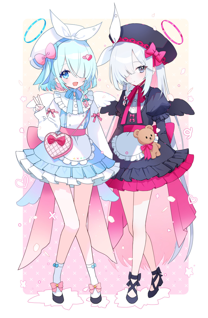 2girls :d absurdres alternate_costume apron arona_(blue_archive) beret black_dress black_eyes blue_archive blue_dress blue_eyes blue_hair blue_halo bow bow_legwear cross-laced_footwear dress expressionless footwear_bow frilled_dress frills hair_bow hair_ornament hair_over_eyes halo hat heart heart-shaped_bag heart_hair_ornament highres hovaku lace-up_heels lolita_fashion long_hair multicolored_hair multiple_girls neck_ribbon pastel_colors pink_hair plana_(blue_archive) puffy_short_sleeves puffy_sleeves red_halo ribbon short_hair short_sleeves simple_background smile socks sparkle sparkling_eyes stuffed_animal stuffed_toy sweet_lolita tailcoat teddy_bear two-tone_hair v very_long_hair white_background white_hair