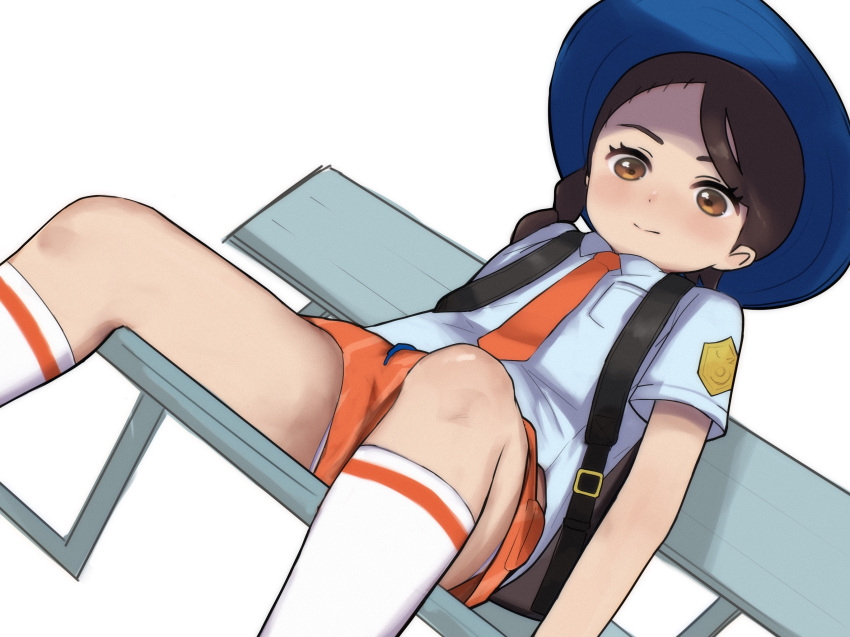 1girl backpack bag bench black_bag blue_hat braid brown_eyes brown_hair closed_mouth commentary eyelashes hat highres juliana_(pokemon) kneehighs knees looking_down necktie orange_necktie orange_shorts panties panty_peek pasheri pokemon pokemon_sv school_uniform shirt short_sleeves shorts sitting socks solo underwear white_socks