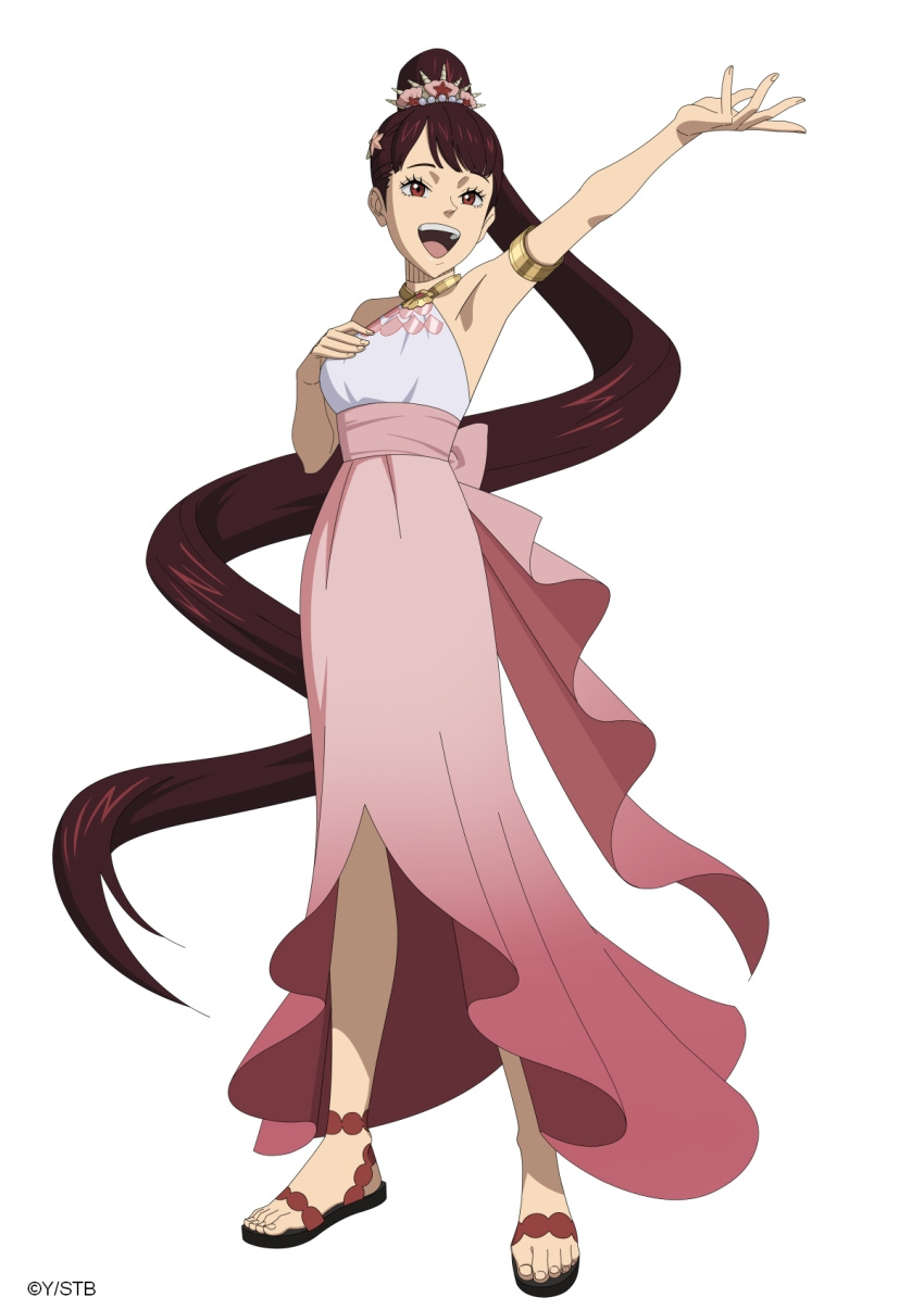 1girl armlet armpits bare_shoulders black_clover black_clover_m:_rise_of_the_wizard_king brown_eyes brown_hair full_body gold_armlet high_ponytail highres kahono long_hair long_skirt official_alternate_costume official_art open_mouth pink_skirt ponytail sandals shell_hair_ornament shirt simple_background skirt sleeveless sleeveless_shirt solo teeth upper_teeth_only very_long_hair white_background white_shirt