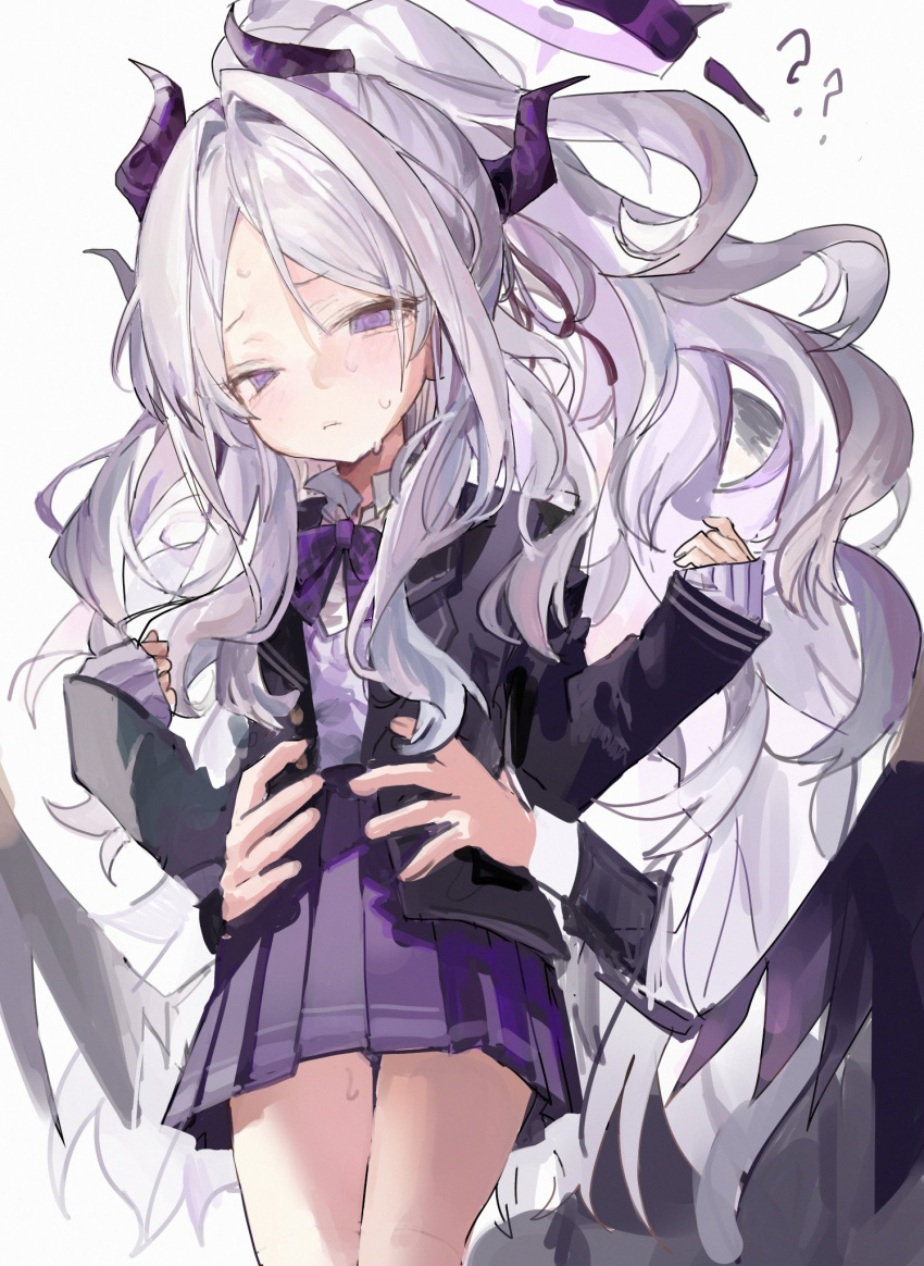 ? alternate_costume black_jacket blue_archive blush bow bowtie demon_horns demon_wings grey_hair halo highres hina_(blue_archive) horns jacket lifting_person long_hair nervous_sweating pleated_skirt purple_bow purple_bowtie purple_eyes purple_shirt purple_skirt qqkkay sensei_(blue_archive) shirt simple_background skirt sweat torso_grab very_long_hair white_background wings