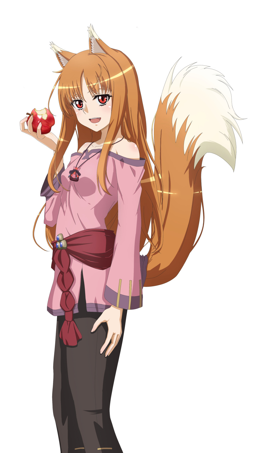 1girl :d absurdres animal_ear_fluff animal_ears apple arm_at_side bare_shoulders bitten_apple black_pants breasts brown_hair collarbone commentary_request eyebrows_hidden_by_hair eyelashes fang feet_out_of_frame food food_bite from_side fruit hand_up highres holding holding_food holding_fruit holo jewelry light_blush long_hair long_sleeves looking_at_viewer necklace off-shoulder_shirt off_shoulder open_mouth pants parted_bangs pink_shirt red_apple red_eyes shirt sidelocks simple_background small_breasts smile solo spice_and_wolf standing straight_hair tail tail_raised teeth upper_teeth_only user_xydk8783 very_long_hair white_background wide_sleeves wolf_ears wolf_girl wolf_tail