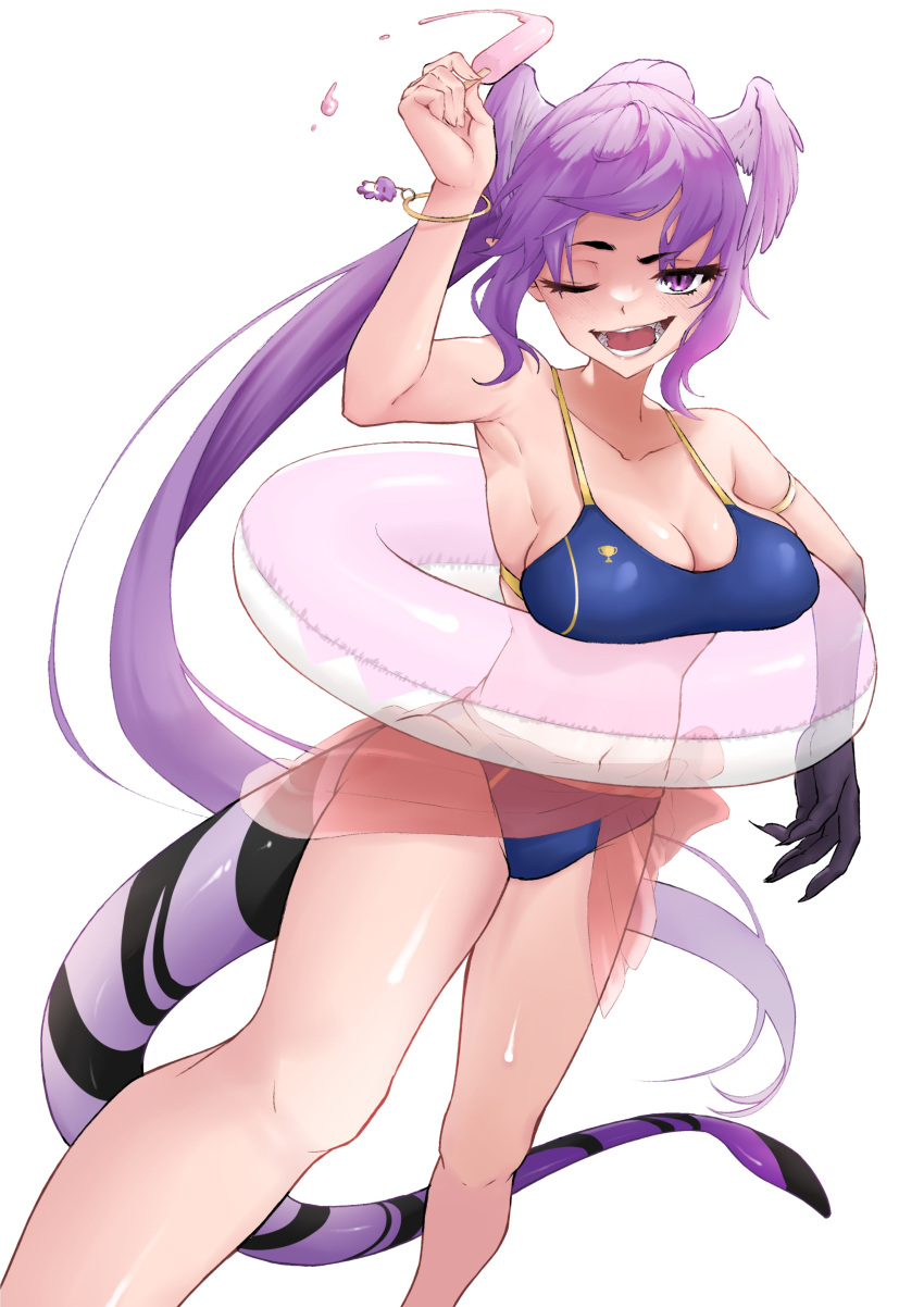 1girl absurdres asymmetrical_arms bikini blue_bikini bracelet breasts cleavage commission feet_out_of_frame food head_wings highres holding holding_food holding_popsicle innertube jewelry long_hair looking_at_viewer navel nijisanji nijisanji_en one_eye_closed open_mouth ponytail popsicle purple_eyes purple_hair selen_tatsuki simple_background smile solo swim_ring swimsuit tail very_long_hair virtual_youtuber white_background wings yarashi_thought