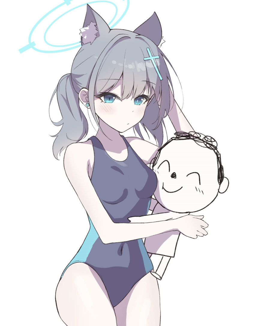 1boy 1girl animal_ear_fluff animal_ears black_one-piece_swimsuit blue_archive blue_eyes breasts cheek_press competition_swimsuit covered_navel cross_hair_ornament doodle_sensei_(blue_archive) extra_ears grey_hair hair_ornament halo highres low_ponytail medium_breasts medium_hair mismatched_pupils multicolored_clothes multicolored_swimsuit official_alternate_costume one-piece_swimsuit sensei_(blue_archive) shiroko_(blue_archive) shiroko_(swimsuit)_(blue_archive) simple_background swimsuit white_background wolf_ears yuzufuro