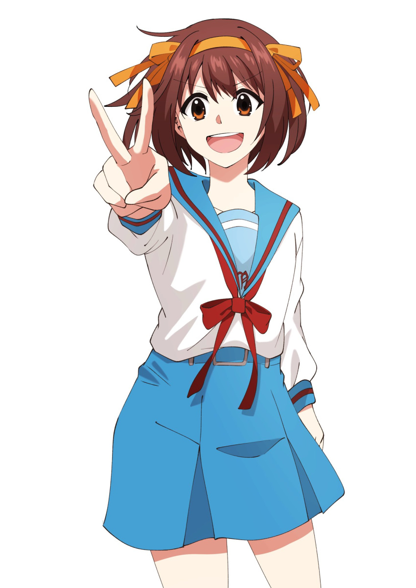 1girl belt blue_belt blue_sailor_collar blue_skirt bob_cut brown_eyes brown_hair collarbone commentary_request hair_ribbon hairband highres kaiduka_(kaiduka00901) kita_high_school_uniform long_sleeves medium_hair pleated_skirt red_ribbon ribbon sailor_collar school_uniform serafuku skirt solo suzumiya_haruhi suzumiya_haruhi_no_yuuutsu teeth tongue upper_teeth_only v winter_uniform yellow_hairband yellow_ribbon