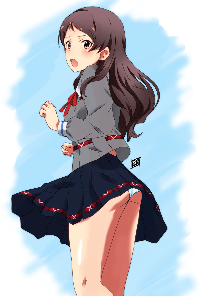 1girl black_hair black_skirt blurry blurry_background breasts collar cowboy_shot dot_nose embarrassed eyelashes from_behind grey_serafuku grey_shirt highres idolmaster idolmaster_million_live! idolmaster_million_live!_theater_days junior_high_schoolmate_(idolmaster) kitazawa_shiho long_hair long_sleeves looking_at_viewer looking_to_the_side medium_breasts neck_ribbon official_alternate_costume open_mouth panties pantyshot parted_bangs plaid_collar pleated_skirt ponpon red_ribbon ribbon school_uniform serafuku shirt shy sidelocks signature simple_background skirt skirt_flip solo straight_hair thighs underwear upskirt wavy_hair white_collar white_panties wind wind_lift yellow_eyes