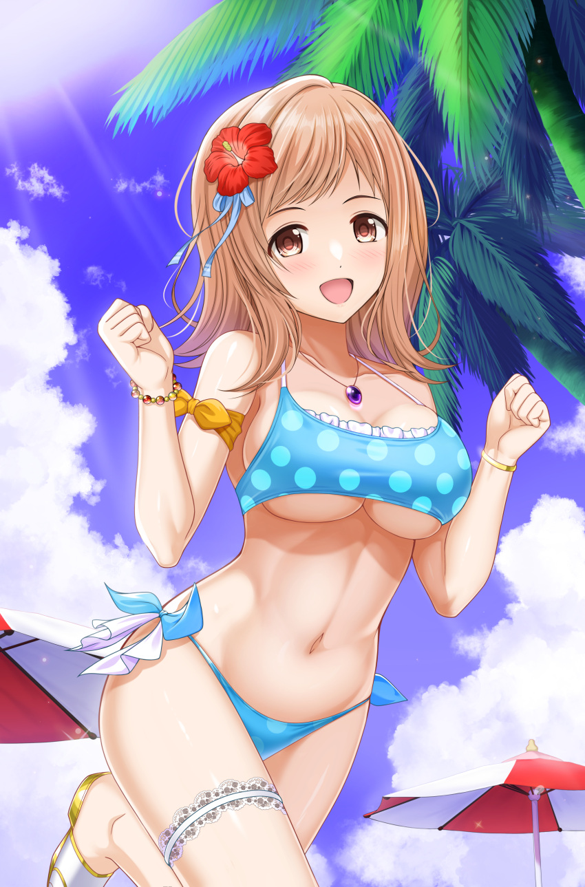 1girl absurdres armband beach_umbrella bikini blue_bikini blue_sky breasts bridal_garter brown_eyes cloud cowboy_shot day highres idolmaster idolmaster_shiny_colors large_breasts light_brown_hair medium_hair navel outdoors palm_tree polka_dot polka_dot_bikini sakuragi_mano shibata_rai side-tie_bikini_bottom sky smile solo swimsuit tree umbrella