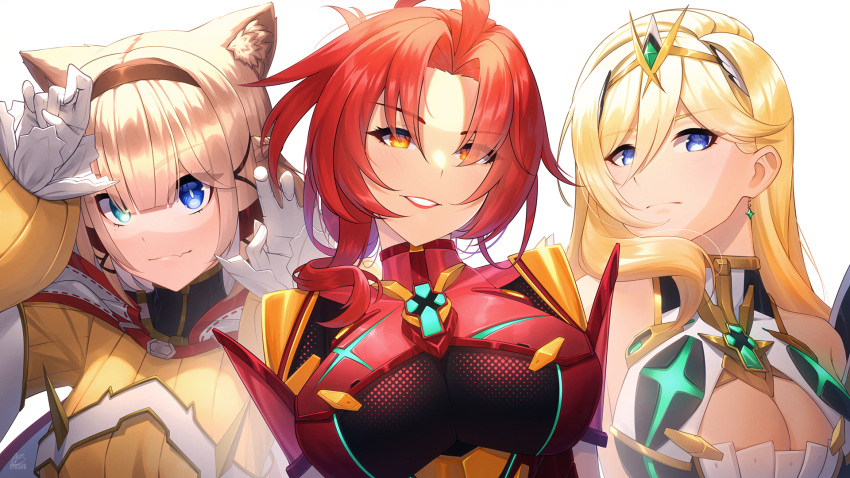 3girls acrylicstroke ahoge animal_ear_fluff animal_ears armpits artist_name bare_shoulders bianka_durandal_ataegina blonde_hair blue_eyes breasts brown_hair cat_ears cat_girl circlet claw_pose cleavage cleavage_cutout closed_mouth clothing_cutout commission commissioner_upload core_crystal_(xenoblade) cosplay dress earrings fang gloves green_eyes grin headband heterochromia highres honkai_(series) honkai_impact_3rd impossible_clothes jewelry jumpsuit large_breasts lips long_sleeves look-alike looking_at_viewer multiple_girls murata_himeko mythra_(xenoblade) mythra_(xenoblade)_(cosplay) nia_(xenoblade) nia_(xenoblade)_(cosplay) non-web_source pardofelis_(honkai_impact) power_connection puffy_long_sleeves puffy_sleeves pyra_(xenoblade) pyra_(xenoblade)_(cosplay) red_hair short_hair short_sleeves signature simple_background skin_fang smile teeth upper_body watermark weapon_connection white_background white_dress white_gloves white_hood xenoblade_chronicles_(series) xenoblade_chronicles_2 yellow_eyes yellow_jumpsuit