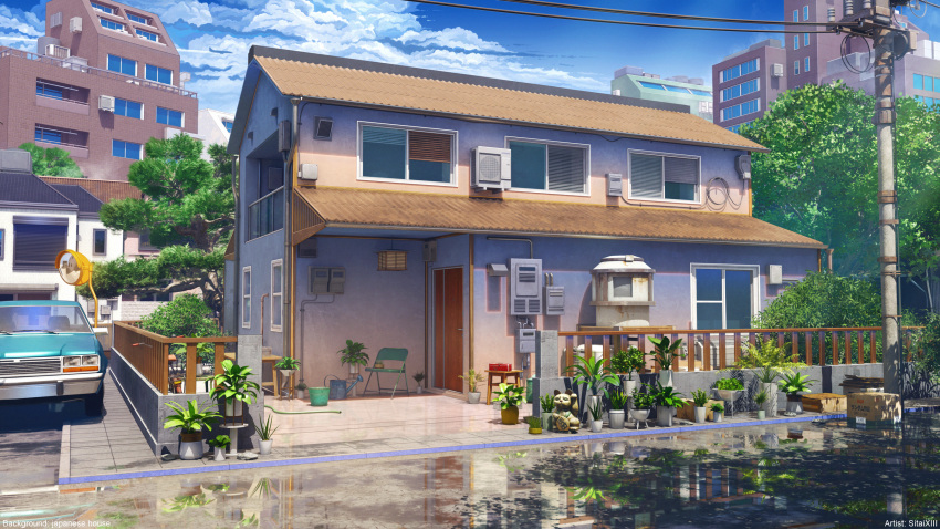 air_conditioner apartment blue_sky building cable car cloud cloudy_sky commentary_request day door highres house japan mirror motor_vehicle no_humans original outdoors plant power_lines puddle reflection reflective_water scenery sitai_xiii sky traffic_mirror utility_pole window
