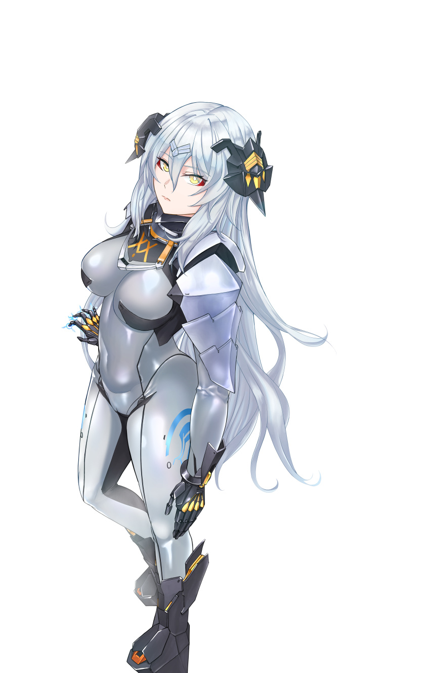 1girl absurdres bangs black_footwear black_gloves bodysuit boots breasts closed_mouth covered_navel full_body girls'_frontline gloves grey_bodysuit grey_hair highres kepra_iii large_breasts lips long_hair long_sleeves looking_at_viewer nyto_(girls'_frontline) paradeus solo standing tareus_(girls'_frontline) thighs white_background yellow_eyes