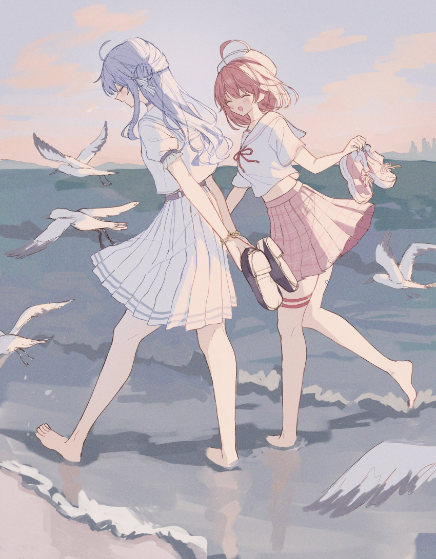 2girls absurdres ahoge barefoot beach belt beret bird blue_choker blue_hair blush choker closed_eyes cloud cloudy_sky commentary_request evening facing_another full_body hair_bun half_updo hat highres hololive horizon hoshimachi_suisei hoshimachi_suisei_(school_uniform) loafers long_hair mametarou_(mameji) medium_skirt miniskirt multiple_girls neck_ribbon no_shoes official_alternate_costume official_alternate_hair_length official_alternate_hairstyle open_mouth outdoors pink_hair pink_skirt plaid plaid_skirt pleated_skirt puffy_short_sleeves puffy_sleeves red_ribbon ribbon sailor_collar sakura_miko sakura_miko_(school_uniform) school_uniform seagull serafuku shirt shoes shore short_hair short_sleeves side_up_bun sidelocks single_side_bun skirt sky smile sneakers star_bracelet thigh_strap unworn_shoes virtual_youtuber walking water white_beret white_sailor_collar white_serafuku white_shirt white_skirt