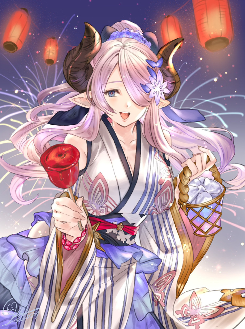 1girl :d alternate_costume banamons basket blue_eyes bracelet breasts butterfly_hair_ornament candy_apple cleavage draph flower food granblue_fantasy hair_flower hair_ornament hair_over_one_eye highres horns japanese_clothes jewelry kimono lantern large_breasts long_hair narmaya_(granblue_fantasy) paper_lantern pointy_ears purple_hair signature smile solo wide_sleeves yukata