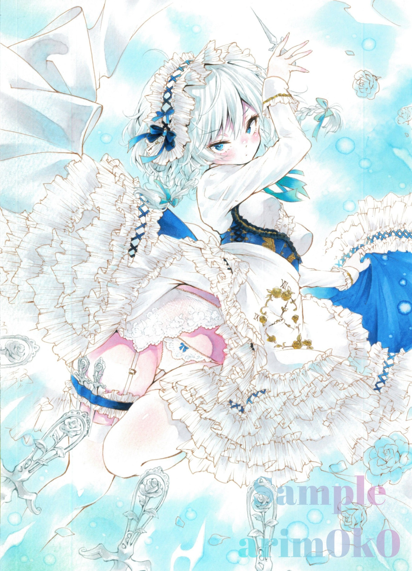 1girl absurdres arim0k0 artist_name blue_background blue_eyes blush breasts commentary frills full_body garter_straps grey_ahir highres izayoi_sakuya knife looking_at_viewer maid maid_headdress panties sample_watermark short_hair solo thighhighs too_many too_many_frills touhou traditional_media underwear watermark white_panties white_thighhighs